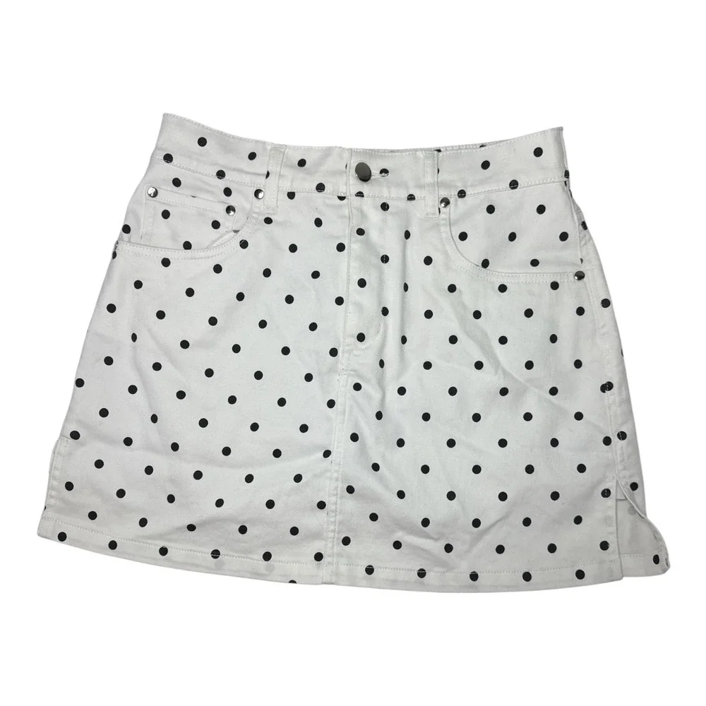 Boston Proper Polka Dot Skirt Womens 8 White Good Denim Mini Quiet Luxury